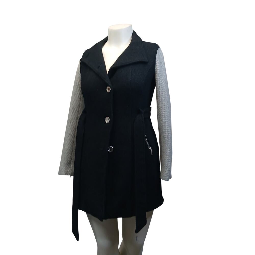 2B Bebe Belted Peacoat Womens Medium Black Two Tone Knit Sleeves